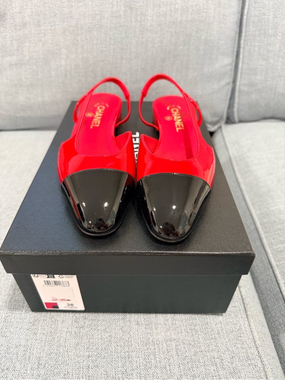 CHANEL Red and Black Patent Slingback Flats Size 38